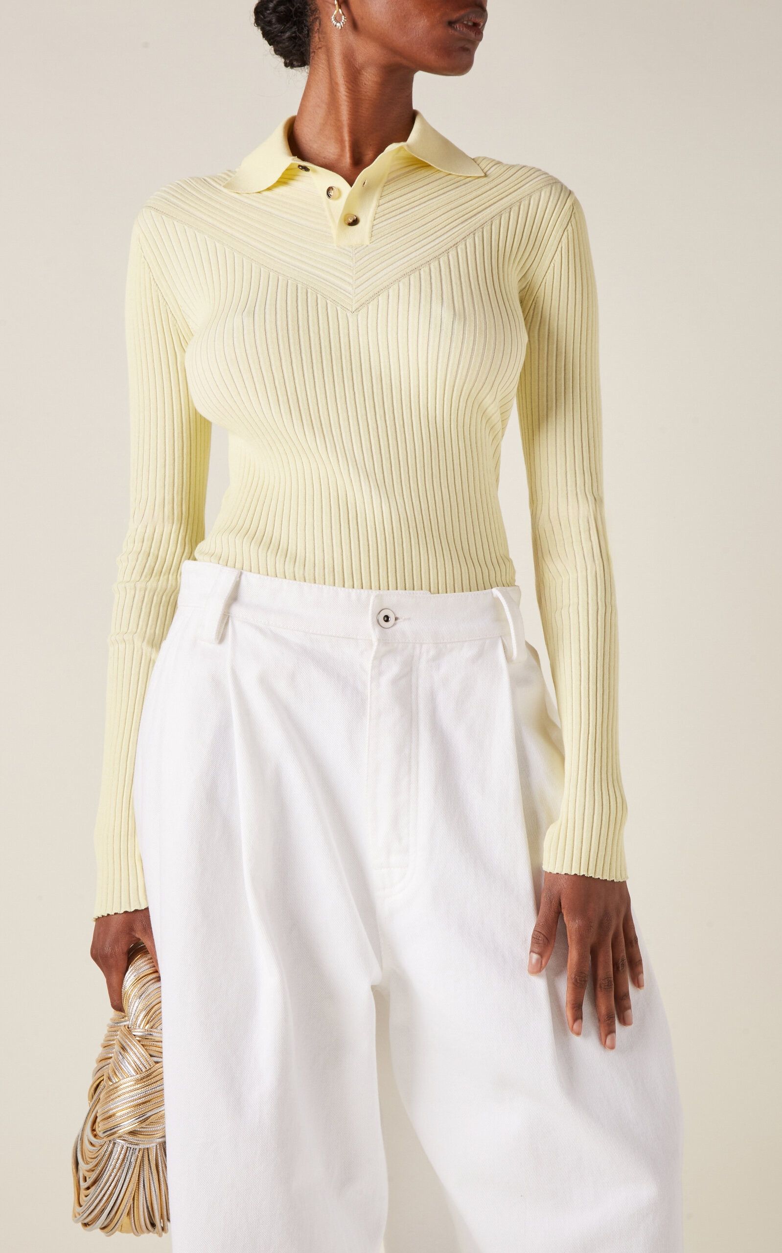 Bottega Veneta o1bcso1str0225 Cotton Rib Polo Jumper in Yellow Size M / US 6-8 / IT 42-44 - 2 Thumbnail