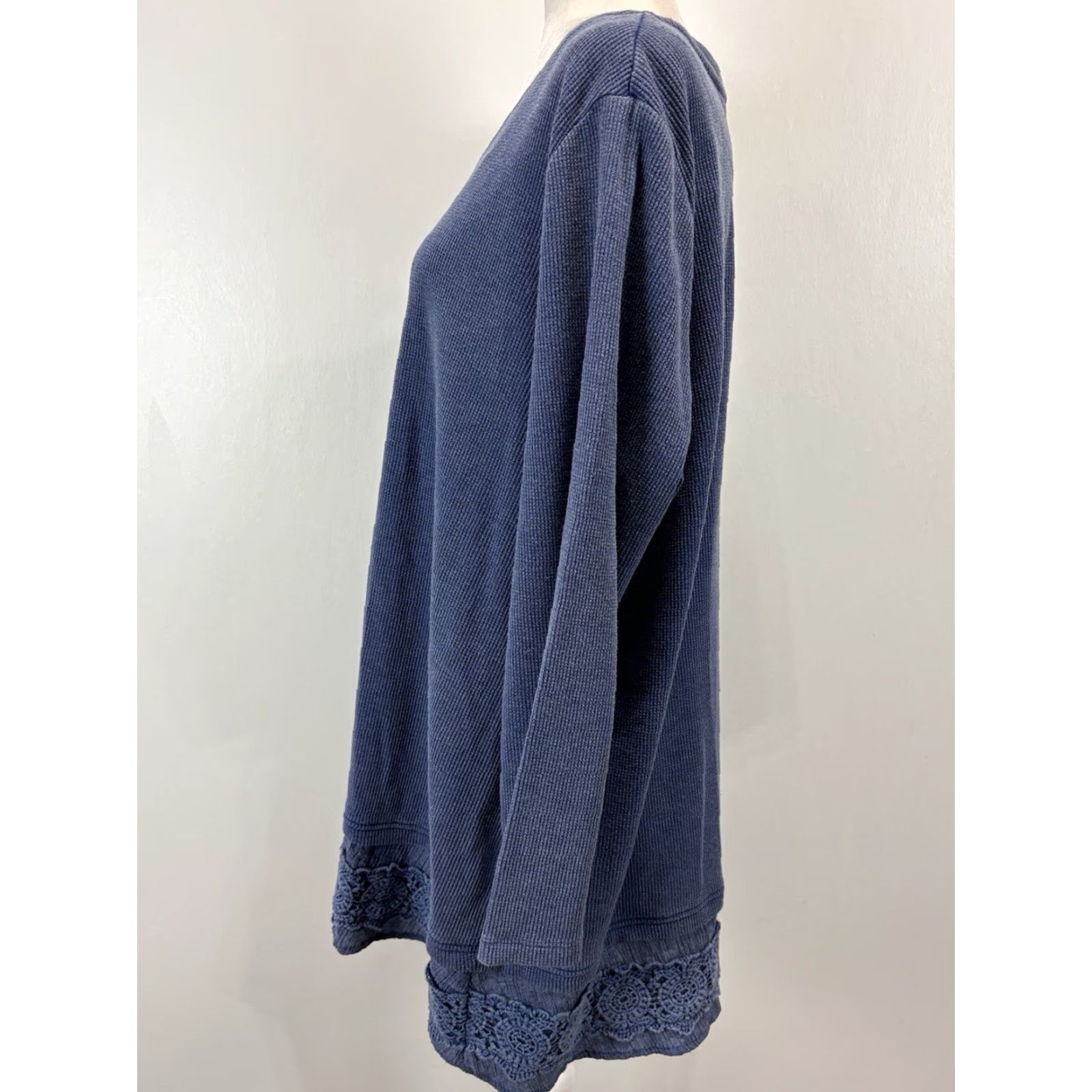 Vintage Ali Miles Waffle Knit Tunic Top Size XL Crochet Hem Detail Pullover Blue Size XL / US 12-14 / IT 48-50 - 2 Thumbnail