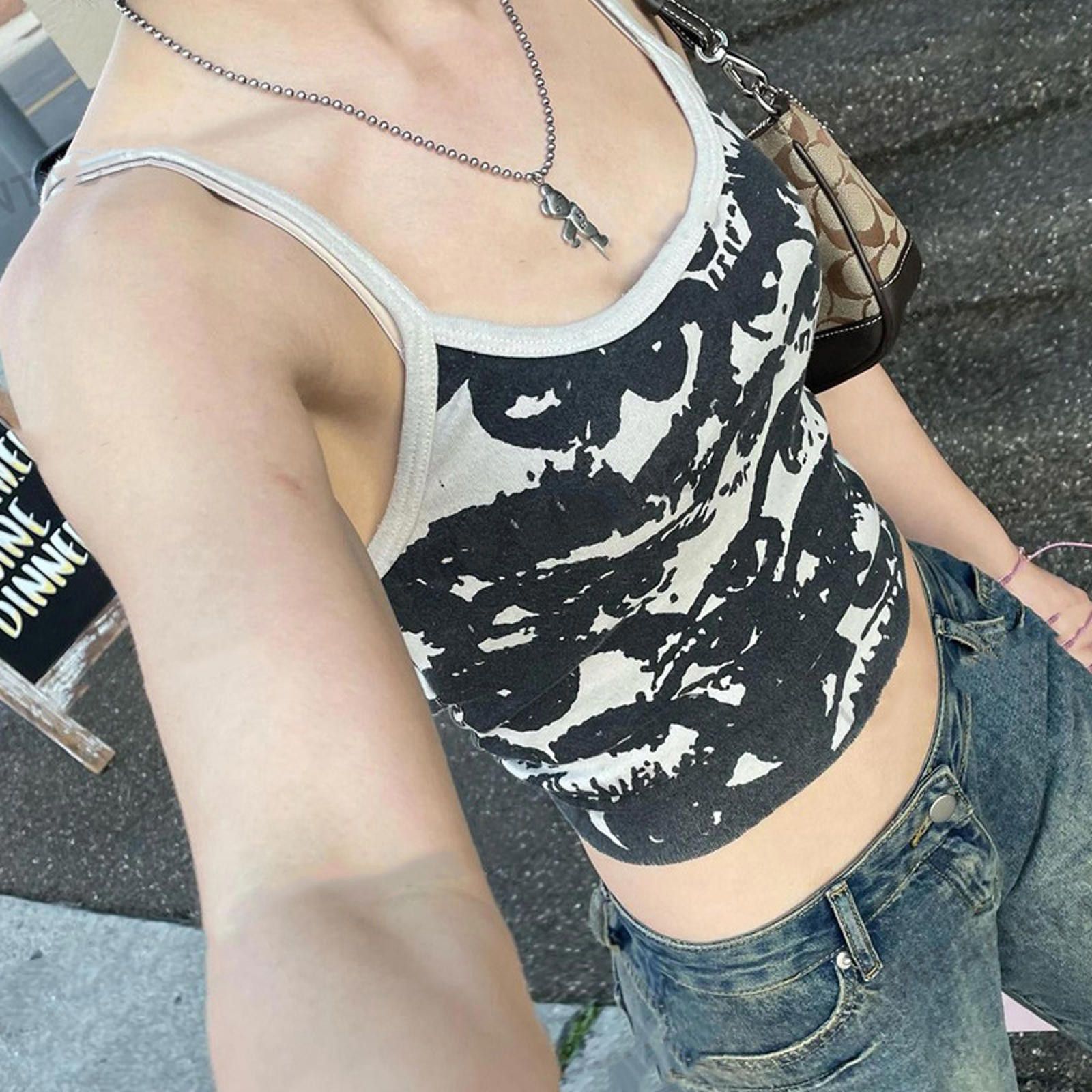 The Unbranded Brand Retro Black Y2K Print Vest Sling Hot Girl Summer Slim Top Size ONE SIZE - 3 Thumbnail