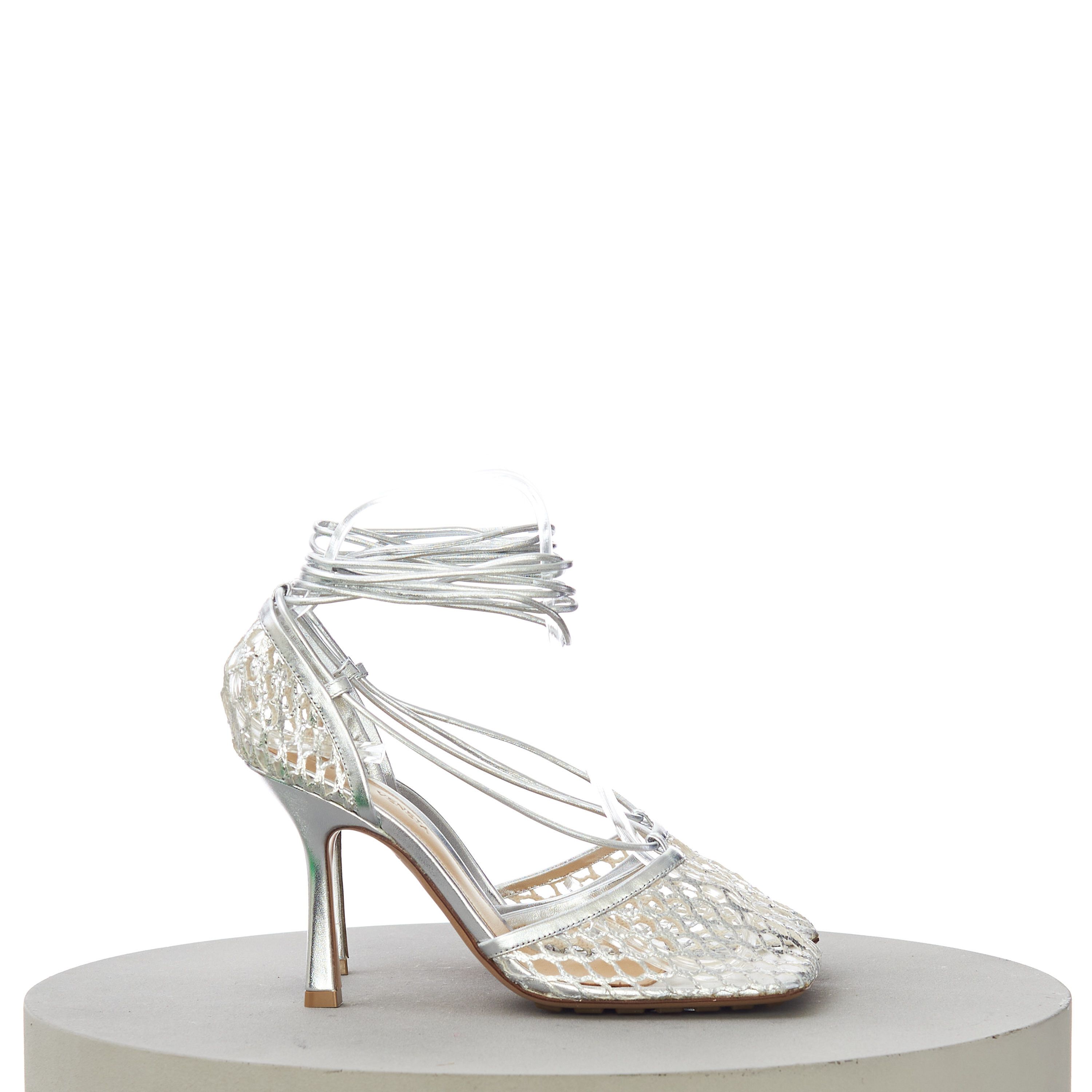 Bottega Veneta Women's Stretch Sandals In Silver Metallized Mesh & Leather Size US 7.5 / IT 37.5 - 2 Thumbnail