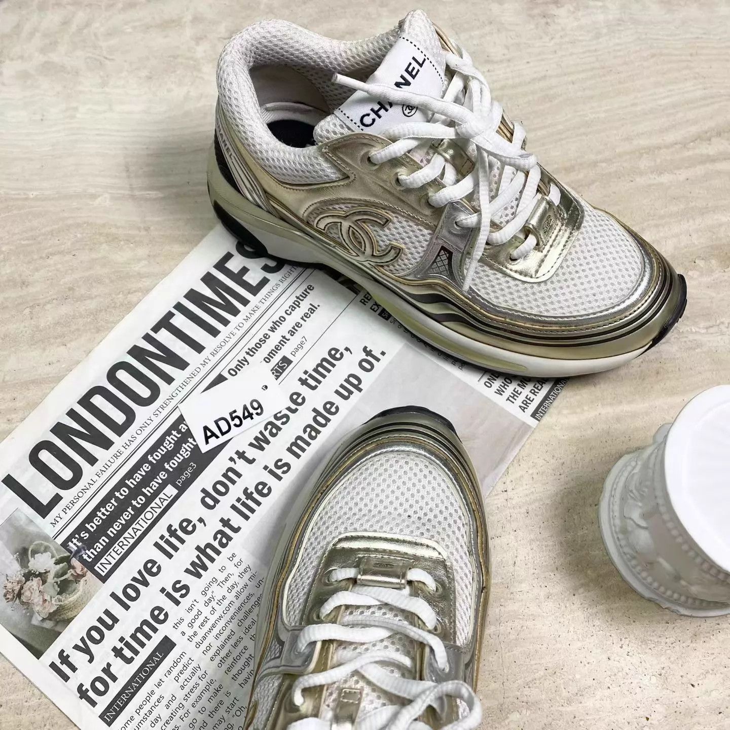 Chanel CHANEL White Gold Logo King Horns LT Sneaker 37 98 AD549 Size US 6.5 / IT 36.5 - 2 Thumbnail
