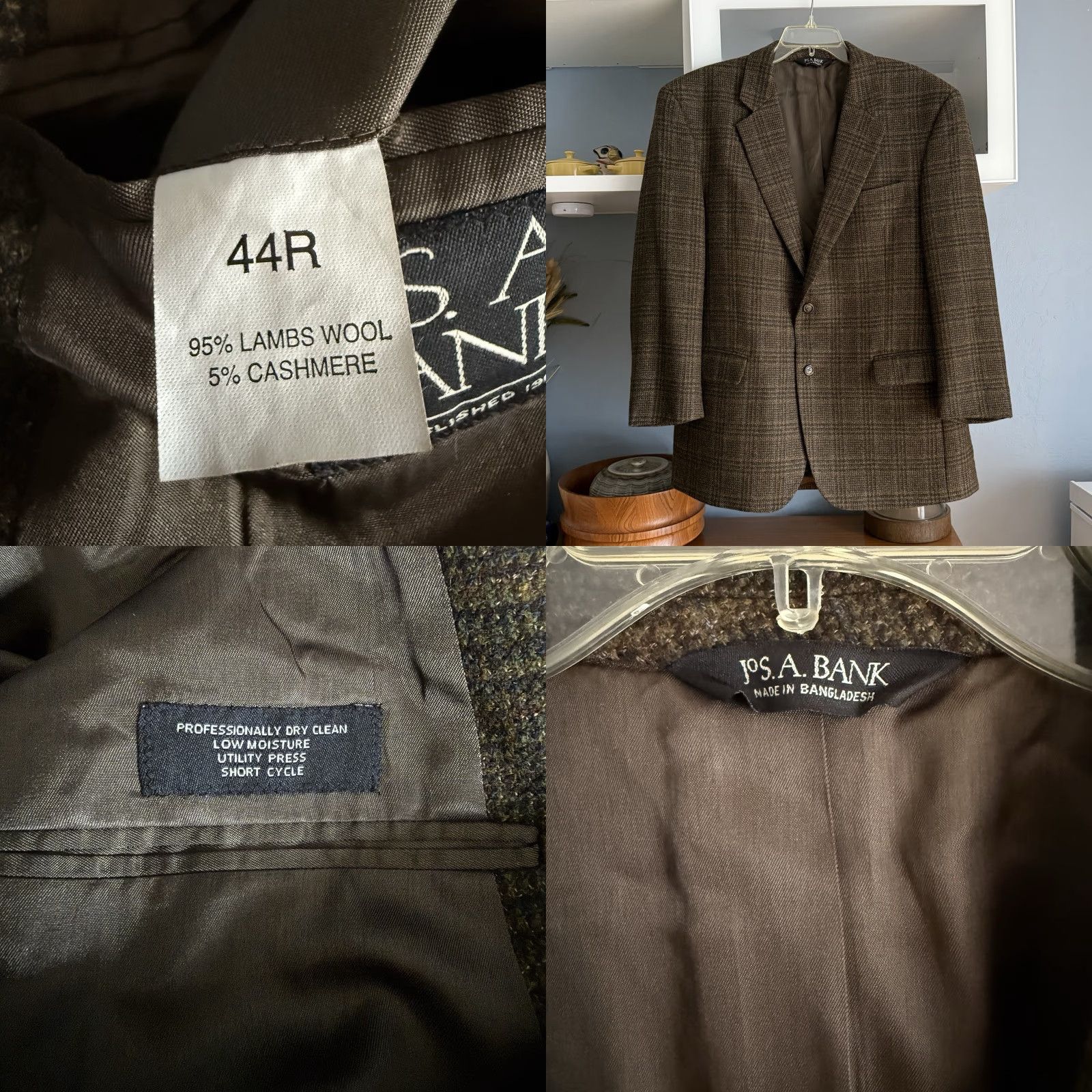 Jos. A. Bank VINTAGE Jos A Bank Sport Coat Jacket Brown Check Plaid Lambswool Cashmere 44R Two-Button Notch Lapel Single-Vented Classic Men Size US S / EU 44-46 / 1 - 8 Thumbnail