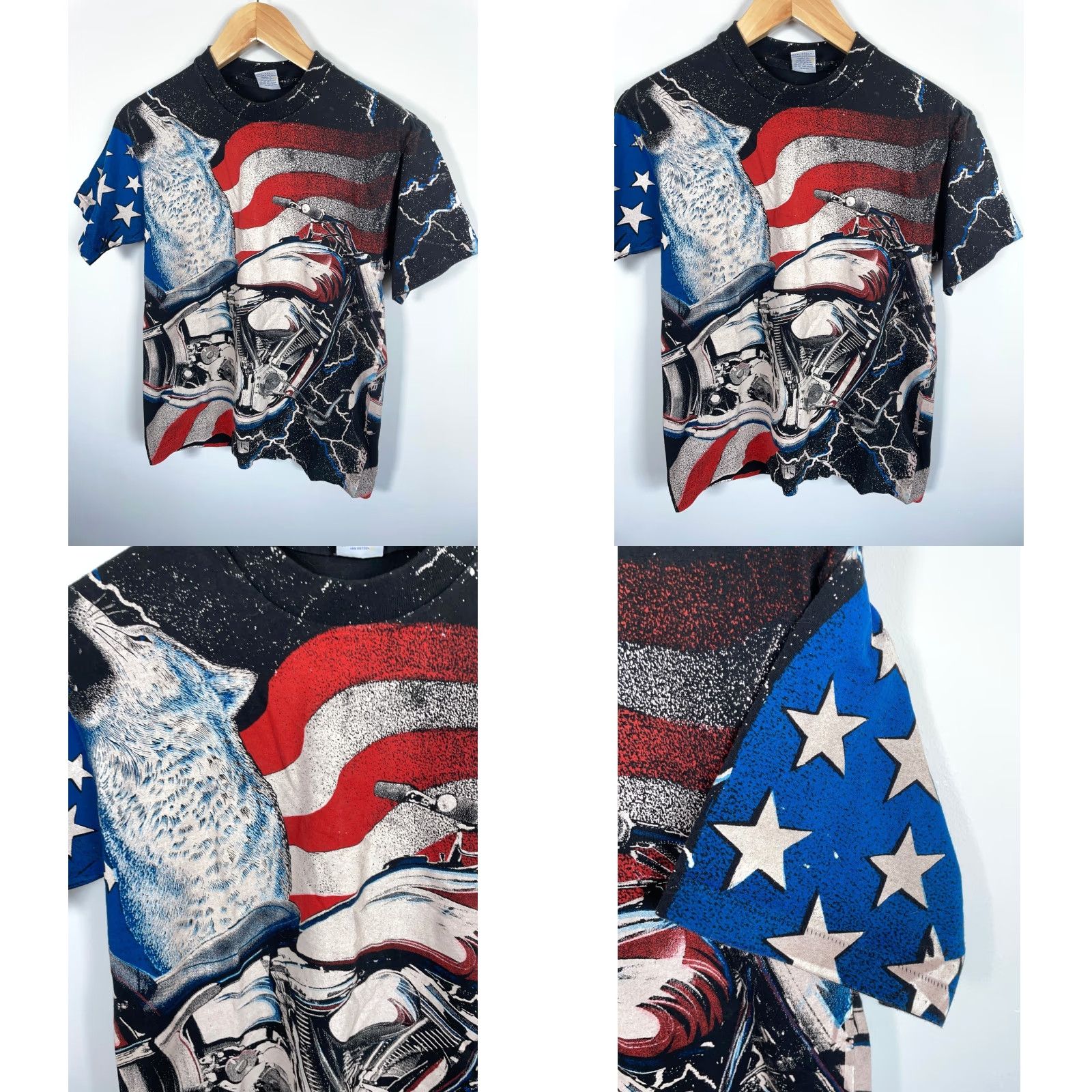 Vintage VINTAGE Unisport T-Shirt Wolf Motorcycle American Flag 90s 1994 Crew Neck Short Sleeve Black Men M Size US M / EU 48-50 / 2 - 8 Thumbnail