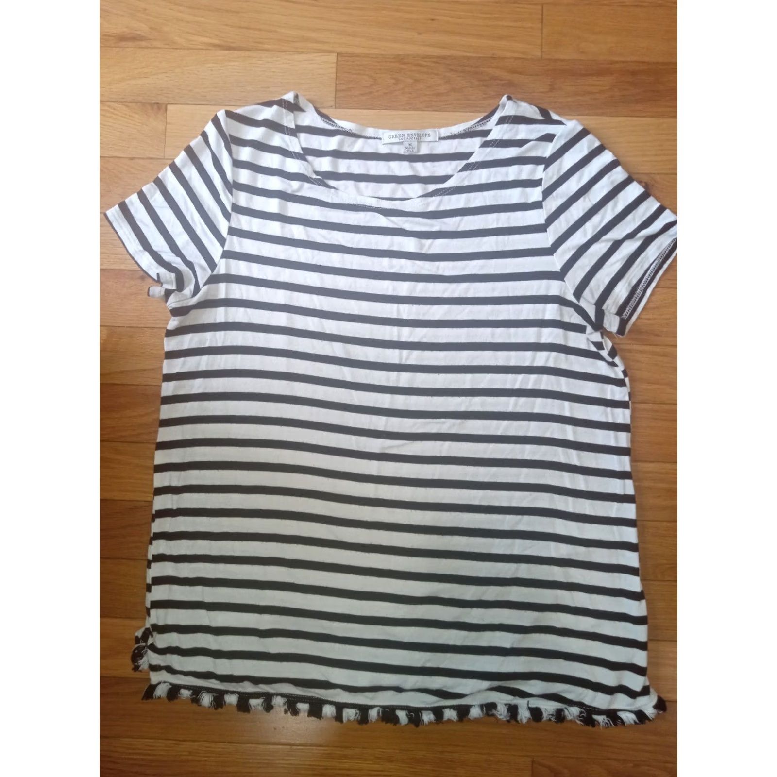 Vintage Green Envelope Striped Top Fringe Hem Women’s M Shirt Raglan Short Sleeve Round Neck Casual Blouse Size M / US 6-8 / IT 42-44 - 2 Thumbnail