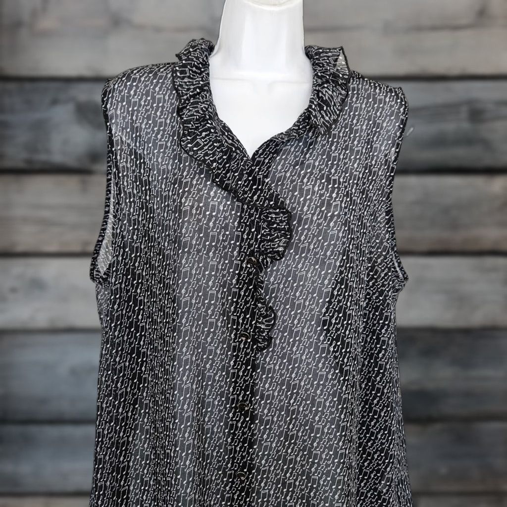 Vintage Cabi 5913 Womens Sing Along Top Sz XL Black White Music Notes Semi Sheer Blouse Sleeveless Polyester Size XL / US 12-14 / IT 48-50 - 1 Thumbnail