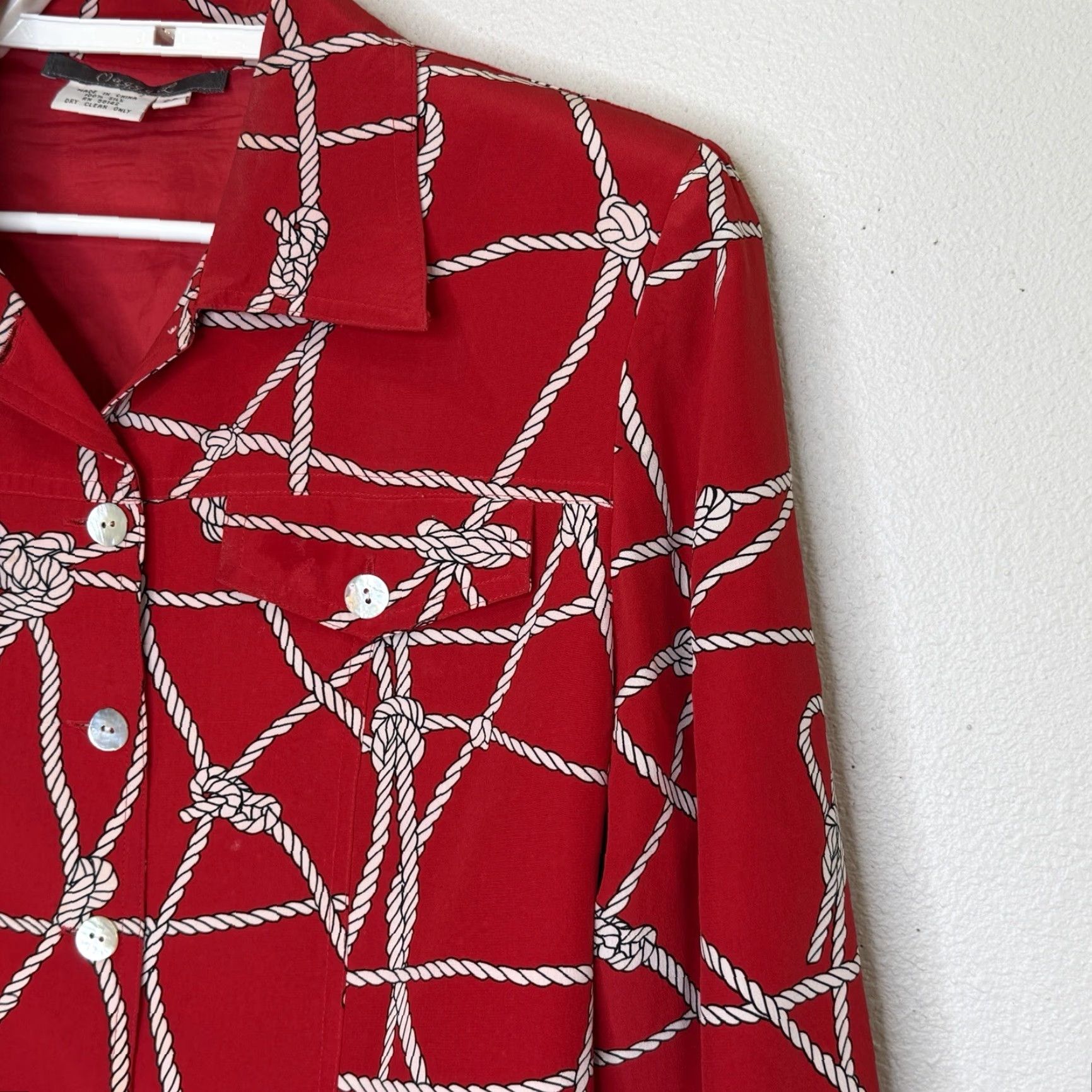 MAGGY LONDON VINTAGE Maggie L Silk Jacket Womens Petite 8 Red Rope Print Button Front Long Sleeve Navy Nautical Womens Size M / US 6-8 / IT 42-44 - 3 Thumbnail