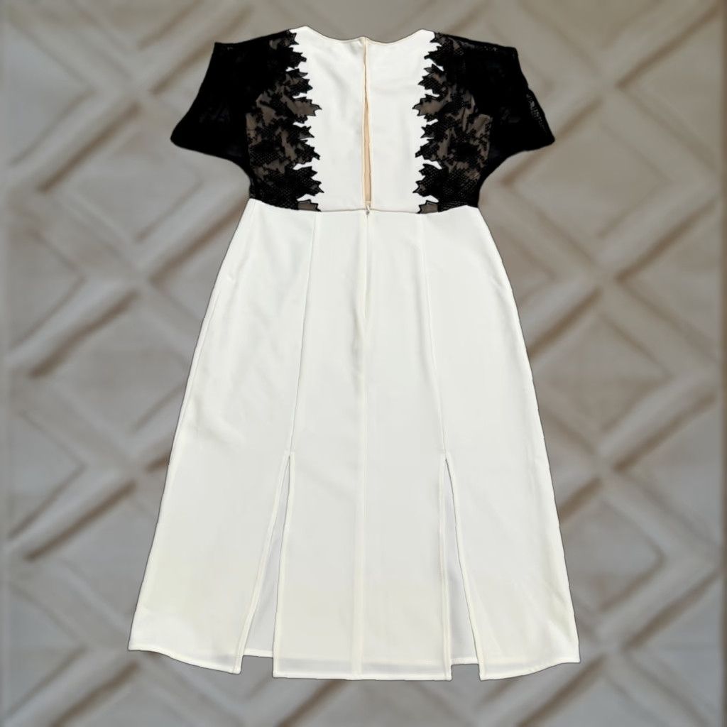 Bcbgmaxazria BCBGMAXAZRIA Dress Sheath Midi Womens XXS White Black Lace Panel Runaway Crew Neck Short Sleeve Vintage No Size XXS / US 00 / IT 34 - 1 Thumbnail