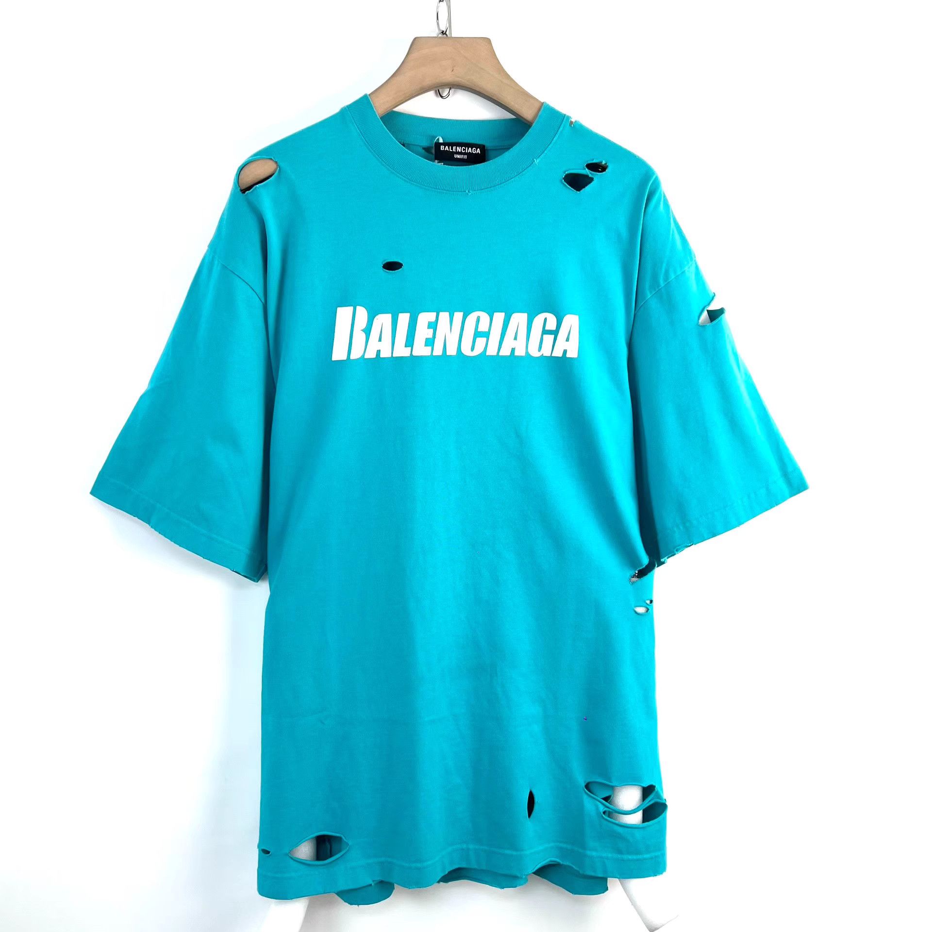 Balenciaga Balenciaga Blue Distressed Logo Print Crew Neck T-shirt K12 Size XS / US 0-2 / IT 36-38 - 1 Thumbnail