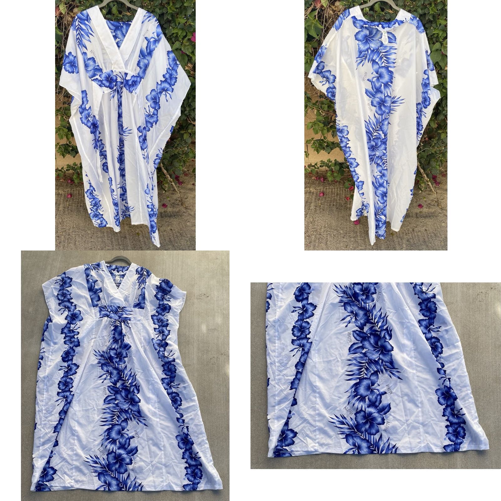 Vintage VINTAGE White Kaftan Shirt Women One Size White Blue Aloha Hawaiian Floral Tiki Casual Dress Size ONE SIZE - 9 Thumbnail
