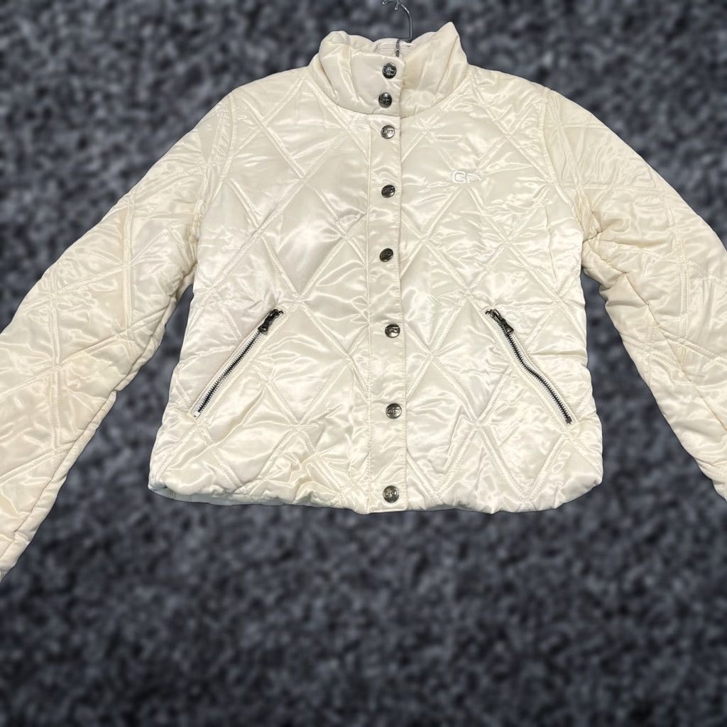 VINTAGE Guess Puffer Jacket Womens M White Fleece Lined Quilted Snap Front Y2K