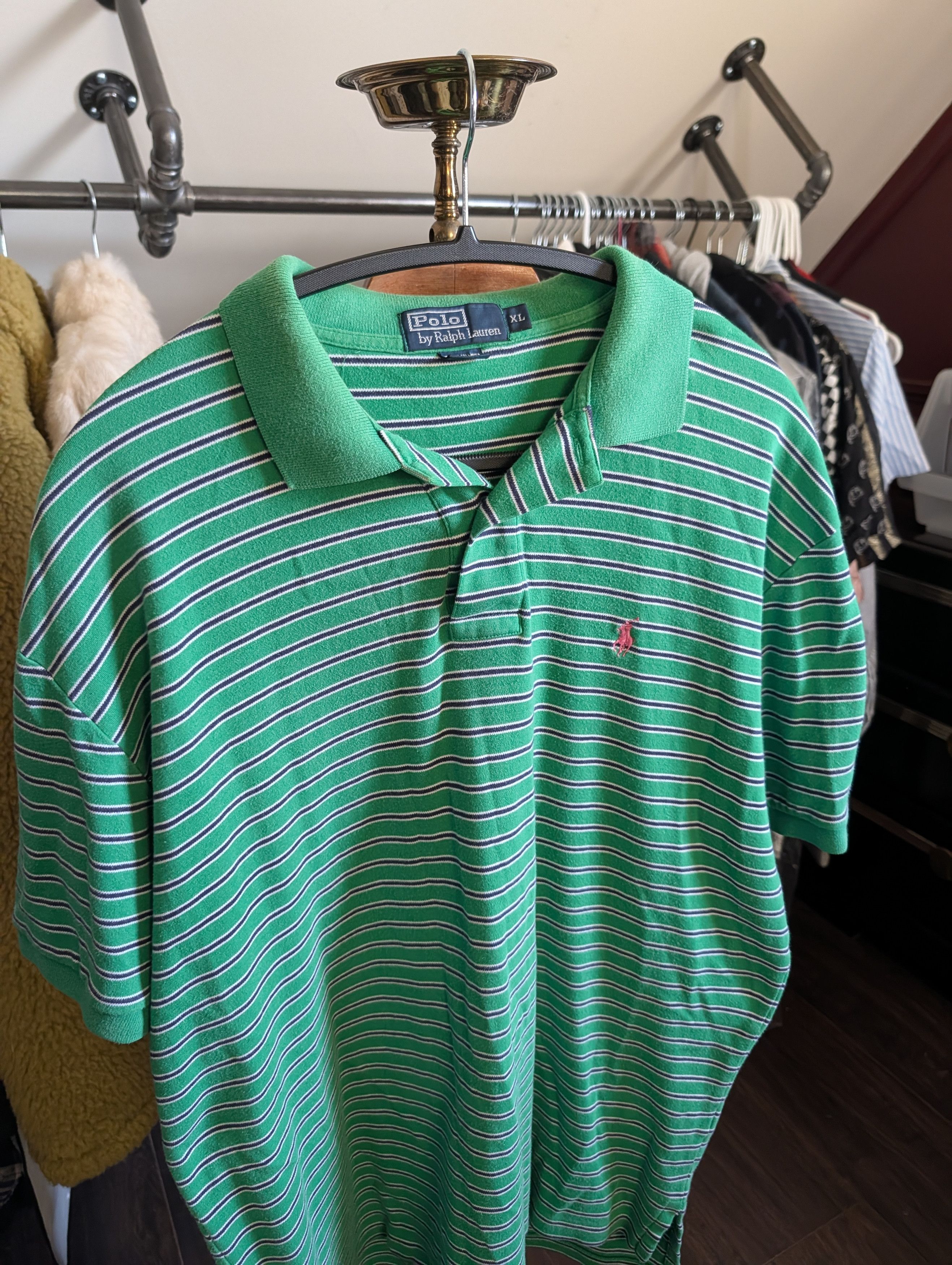 Polo Ralph Lauren Vintage green striped pink logo embroidered polo XL Size US XL / EU 56 / 4 - 2 Thumbnail