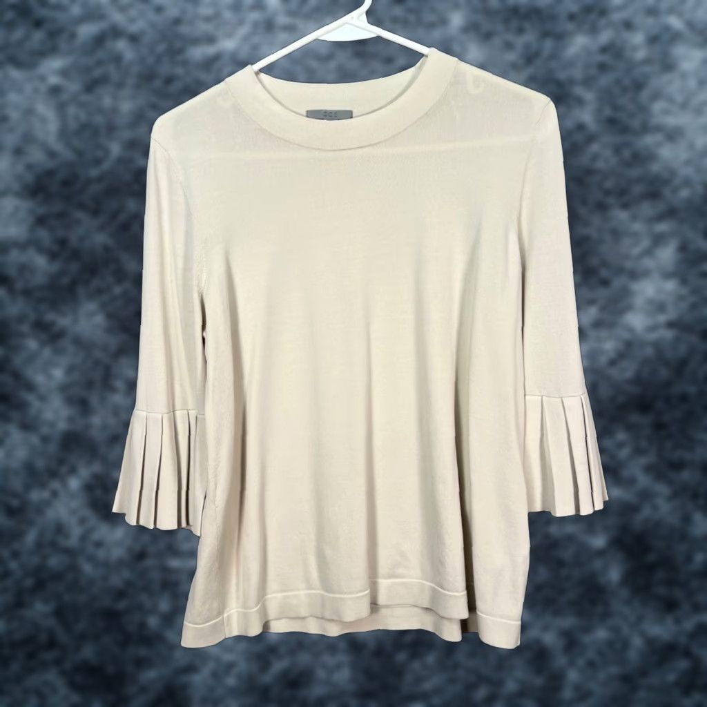Cos COS Womens Shirt Adult Medium Beige 3/4 Sleeve Top Crew Neck Pleated Be l l Sleeve Knit Viscose Blend Regular Modern Classic Size M / US 6-8 / IT 42-44 - 1 Thumbnail
