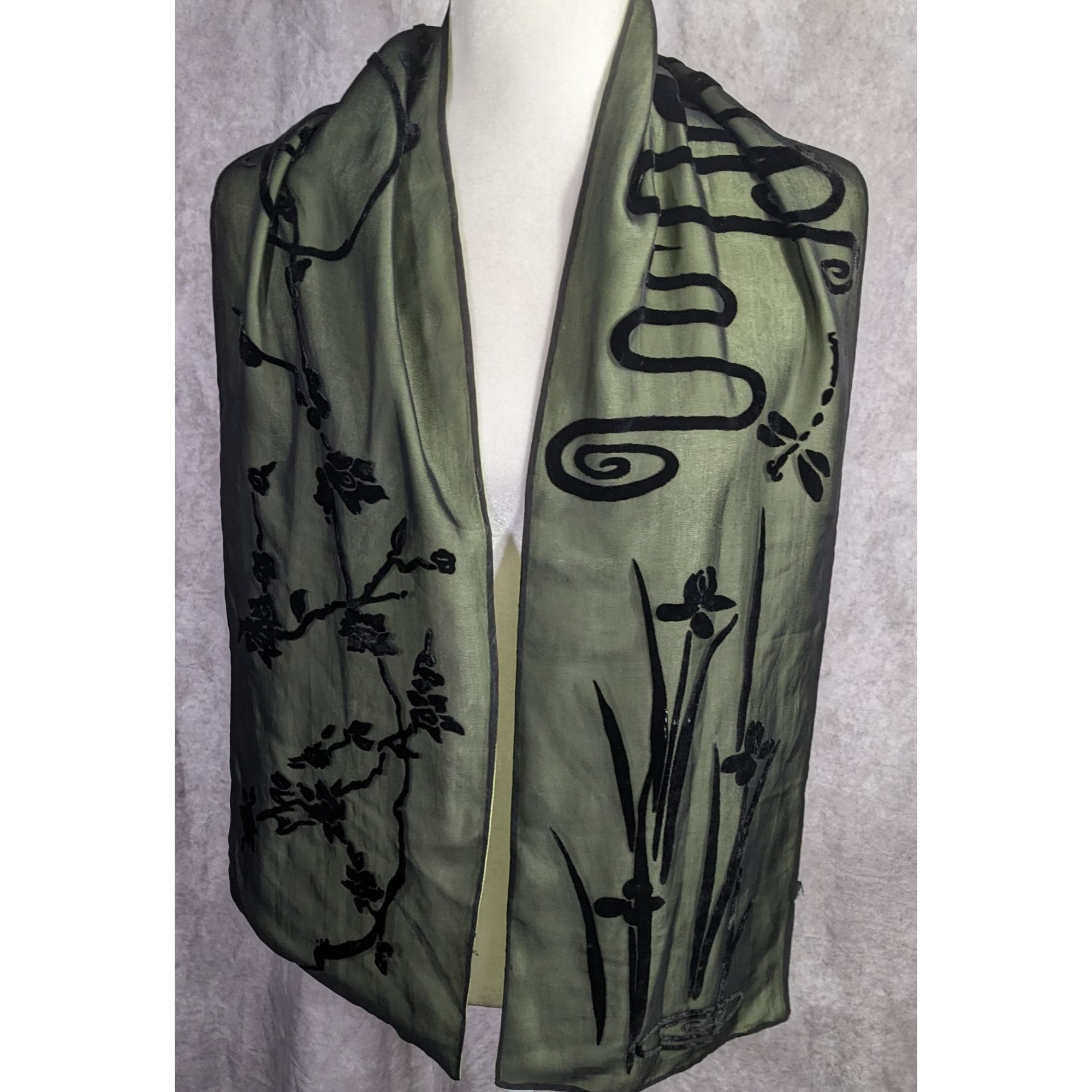 Other Vintage 90s Gothic Burnt Velvet Floral Scarf Green & Black D Size ONE SIZE - 5 Thumbnail