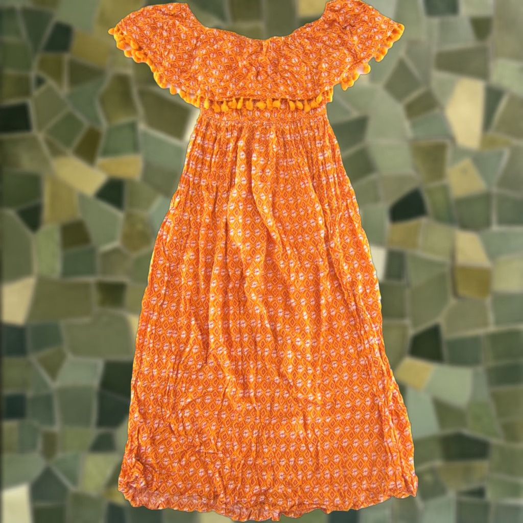 Vintage Dress Day Maxi Dress Off Shoulder Orange White Floral Rayon Long Large Dress Day Womens Maxi Dress L Orange Floral Pattern 70s? Size L / US 10 / IT 46 - 1 Thumbnail