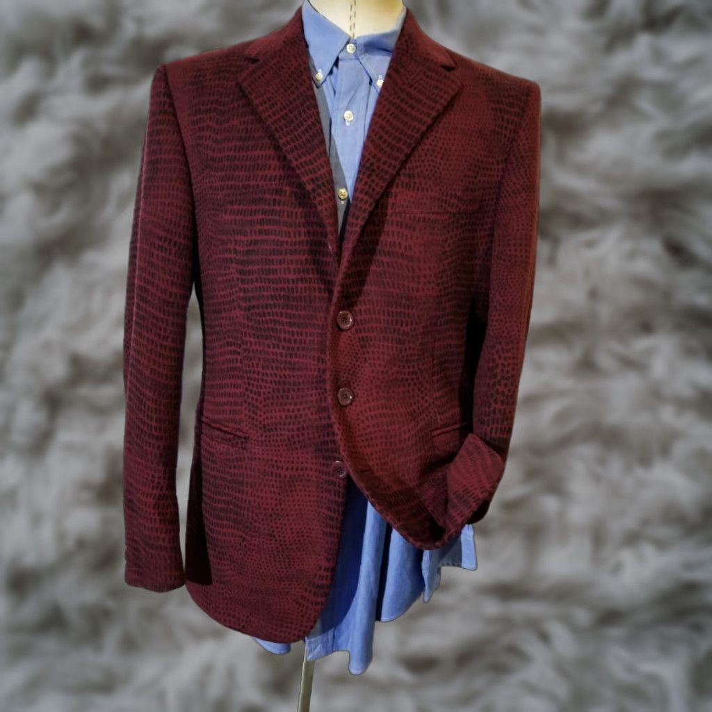 VINTAGE Versace Sport Coat Blazer 40R Men Wool Tweed Red Black Python Print Notch Lapel 4-Button Four-Button Double-Vented Regular