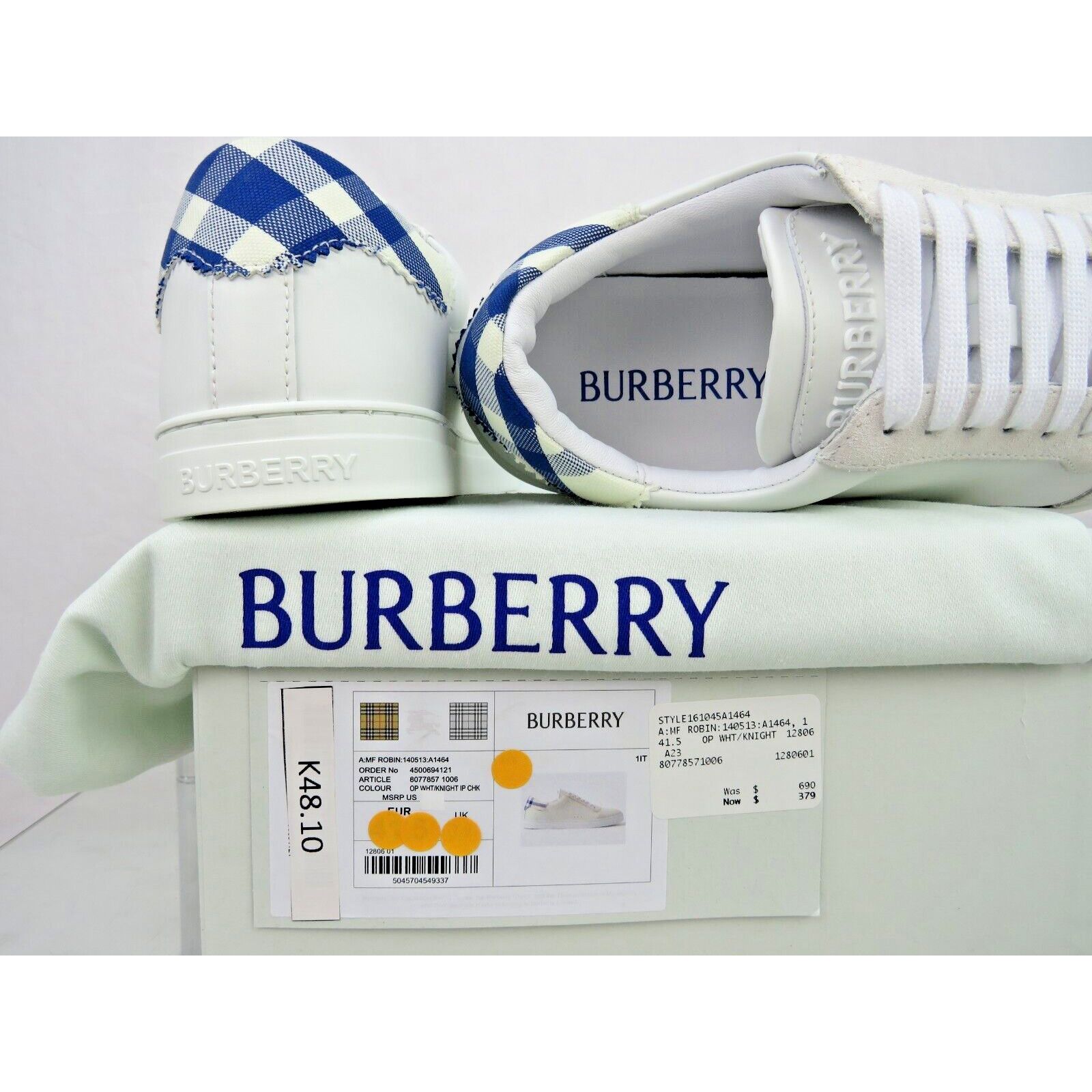 Burberry BURBERRY ROBIN WHITE BLUE CHECK LEATHER LOGO SNEAKERS 11.5 Size US 11.5 / EU 44-45 - 13 Thumbnail