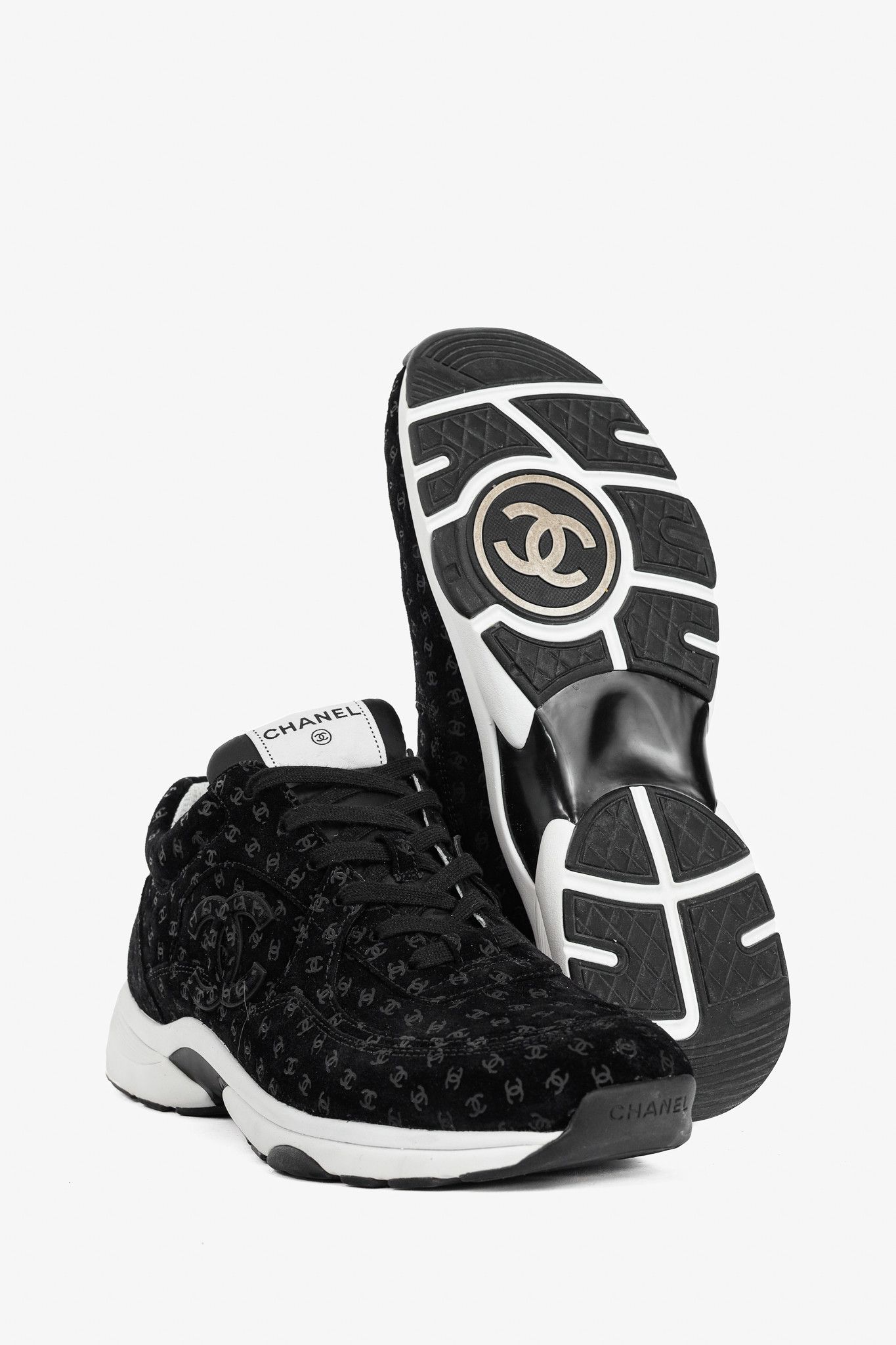 Chanel Chanel 22A Black Printed-CC-Logo Suede Low-Top Sneakers Size US 12 / EU 45 - 4 Thumbnail