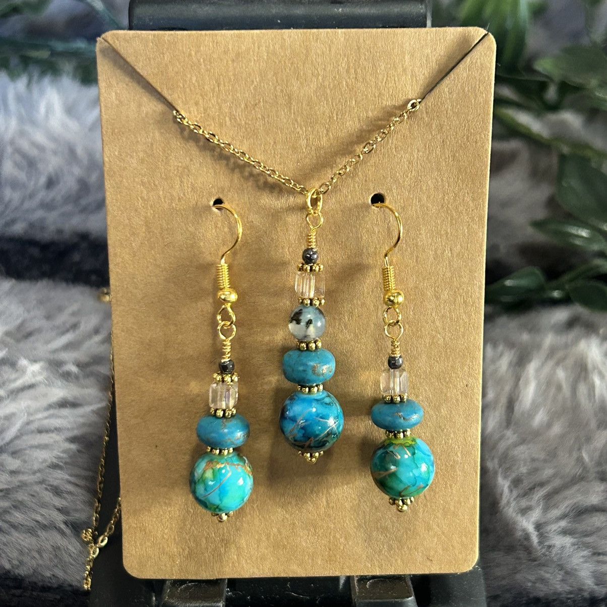 Handmade Handcrafted art glass dragon vein turquoise crystal set Size ONE SIZE - 2 Thumbnail