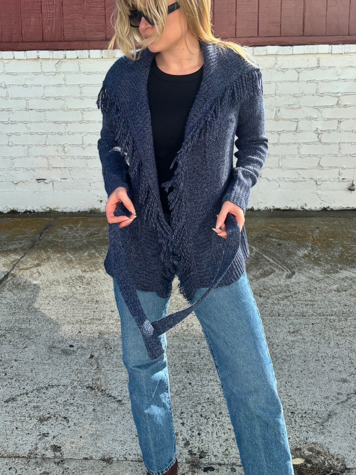 Other Navy Belted Cardigan with Fringe Trim Size M / US 6-8 / IT 42-44 - 5 Thumbnail