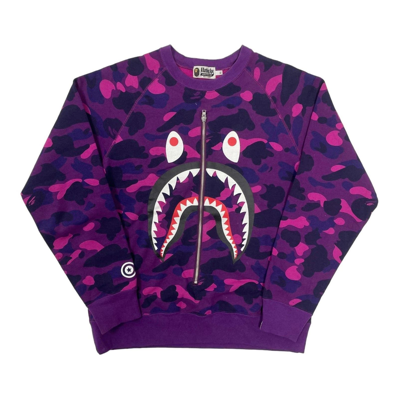 image of Bape Shark Zipper Crewneck Sweatshirt Purple Pre-Owned, Men's (Size XL)