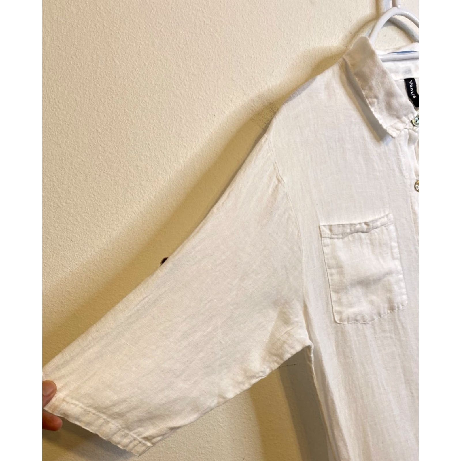 VENTI6 Shirt Dress White Linen Button Front Midi Dress 3/4 Sleeve Collared  Oversized Pockets Midi