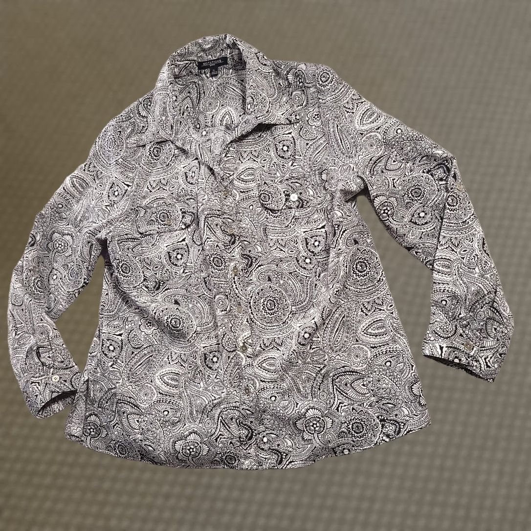 Vintage Notations Button Up Shirt Women's PL Petite Black White Floral Career Roll Tab Blouse Pockets Size L / US 10 / IT 46 - 1 Thumbnail
