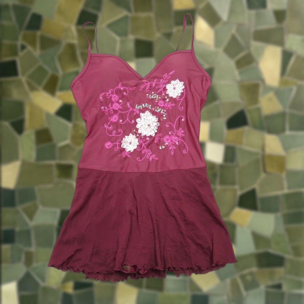 Vintage VINTAGE Newport News Swimdress Women's 10 Burgundy Red Floral Embroidered Beaded BOHEMIAN Swim Dress Size L / US 10 / IT 46 - 1 Thumbnail