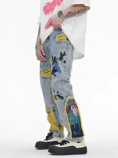 Japanese Brand × Jean Retro heavy embroidery ripped washed distressed jeans Size US 32 / EU 48 - 2 Thumbnail