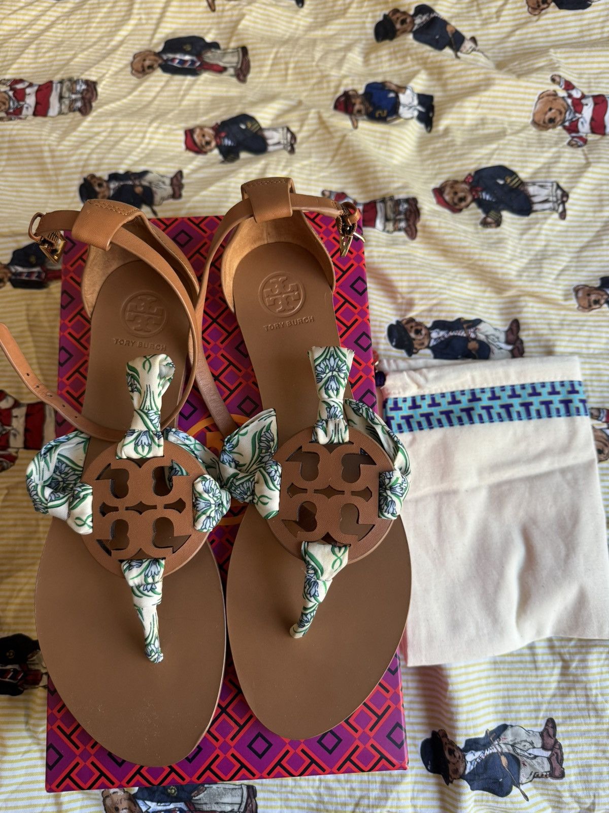 Tory Burch Tory Burch Miller Scarf Sandal Tan/ Blue Meridian Size US 7.5 / IT 37.5 - 1 Thumbnail
