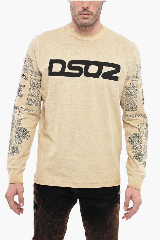 image of Dsquared2 Crew Neck Cotton T-Shirt With Lettering Logo in Beige, Men's (Size Medium)