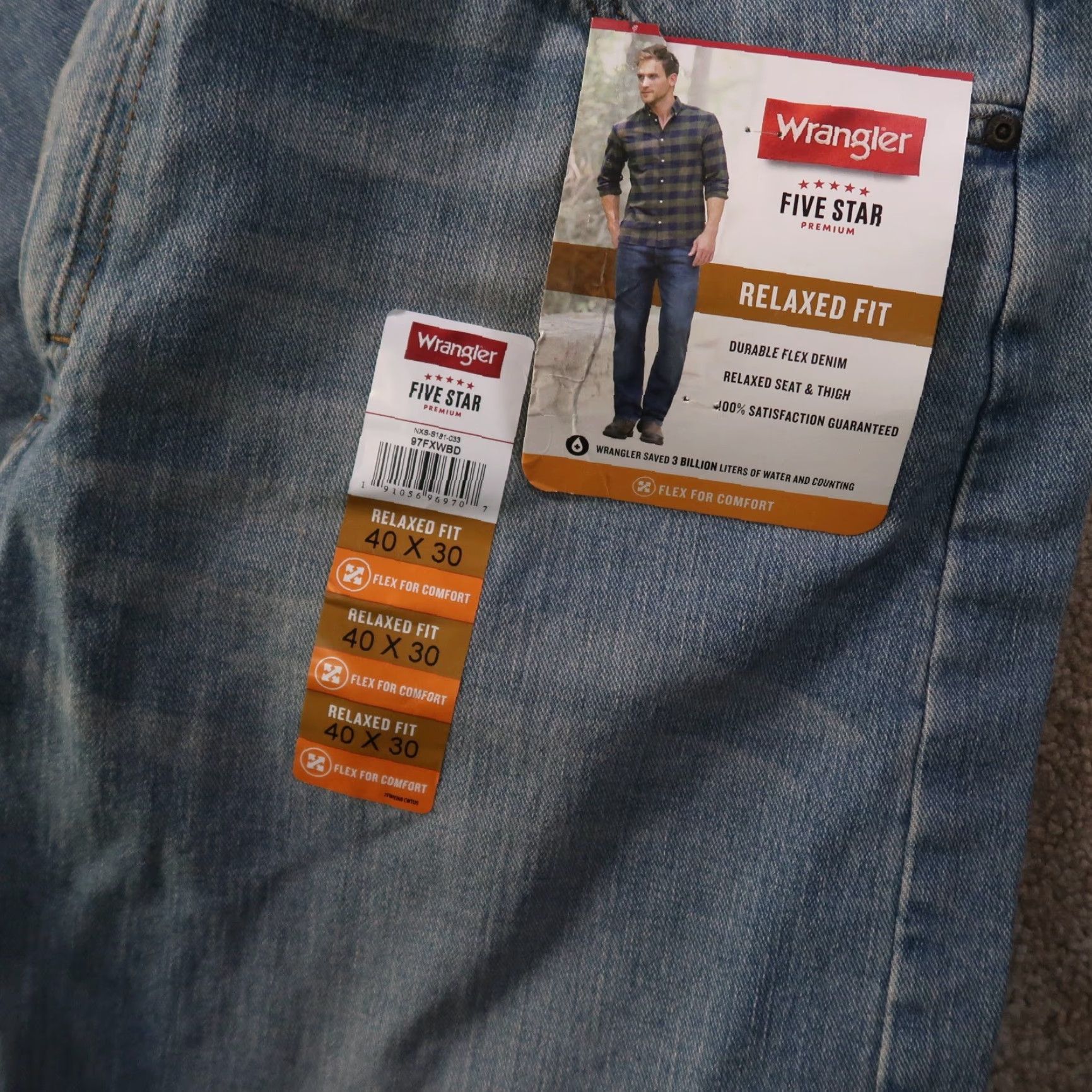 Wrangler Wrangler Jeans Men's 40x30 Blue Denim Relaxed Straight Leg 5-Pocket Logo Button Zip 40 in Inseam Machine Washable Jeans Size US 40 / EU 56 - 2 Thumbnail