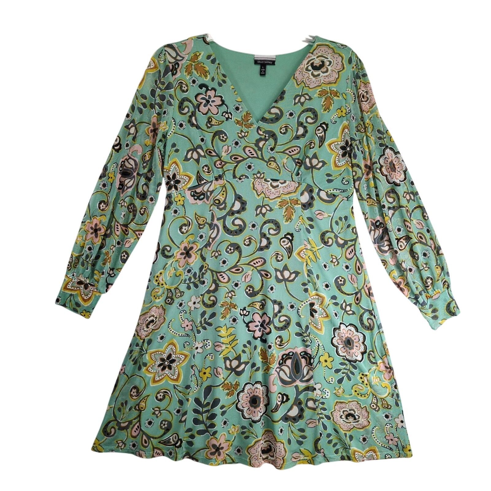 Other Allison Brittney Green Floral Paisley Dress L Sheer Overlay Size L / US 10 / IT 46 - 1 Thumbnail