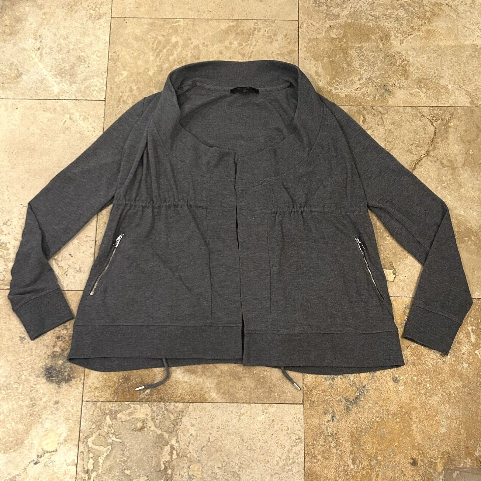 image of Allsaints All Saints Women's Open Front Sweatshirt Jacket Size 2 Zip Pockets Gray Euc B8 in White