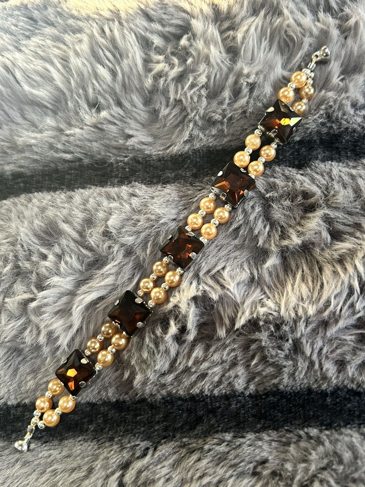 Handmade Handcrafted square cut brown topaz glass pearl bracelet Size ONE SIZE - 4 Thumbnail