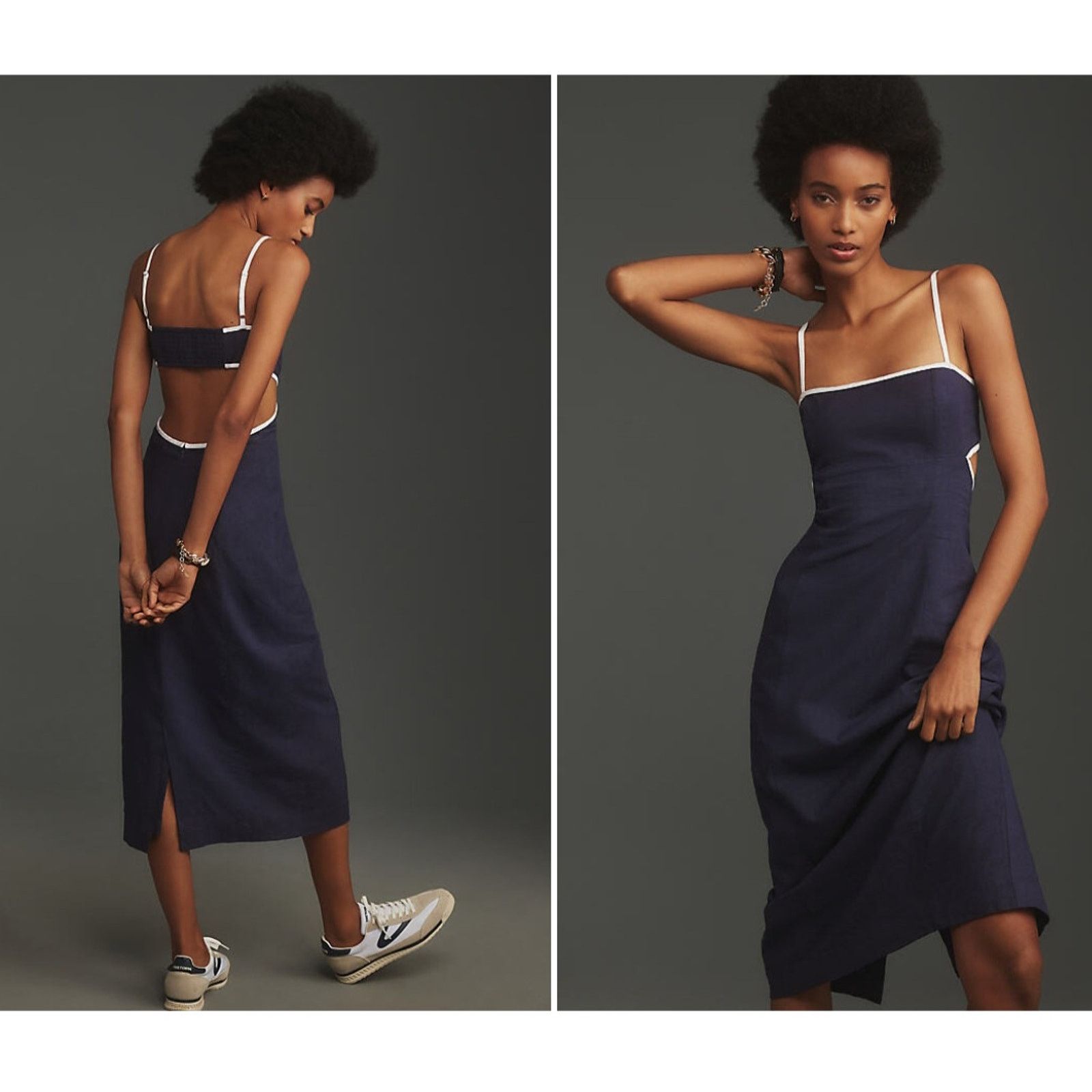 Anthropologie NWT Maeve Dafni Cutout Linen Midi Dress $168 X-LARGE Navy Size XL / US 12-14 / IT 48-50 - 2 Thumbnail