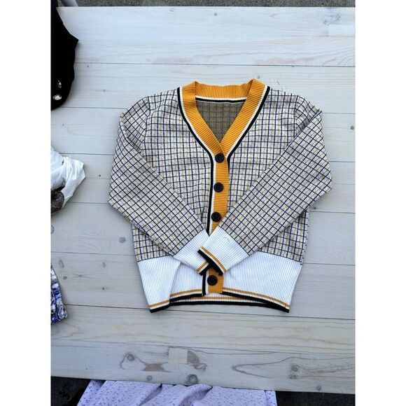 Vintage VTG Striped Plaid Checkered Sweater Y2K Yellow M Size M / US 6-8 / IT 42-44 - 1 Preview