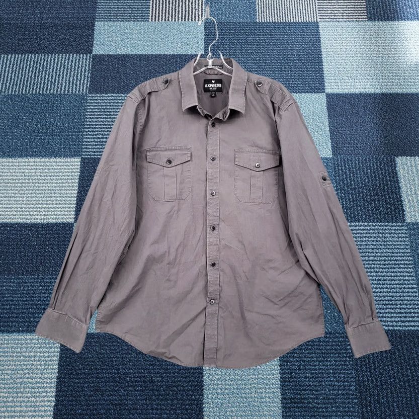 Express Express Button Up Shirt Mens Large Gray Military Stretch Modern Fit Size US L / EU 52-54 / 3 - 1 Thumbnail
