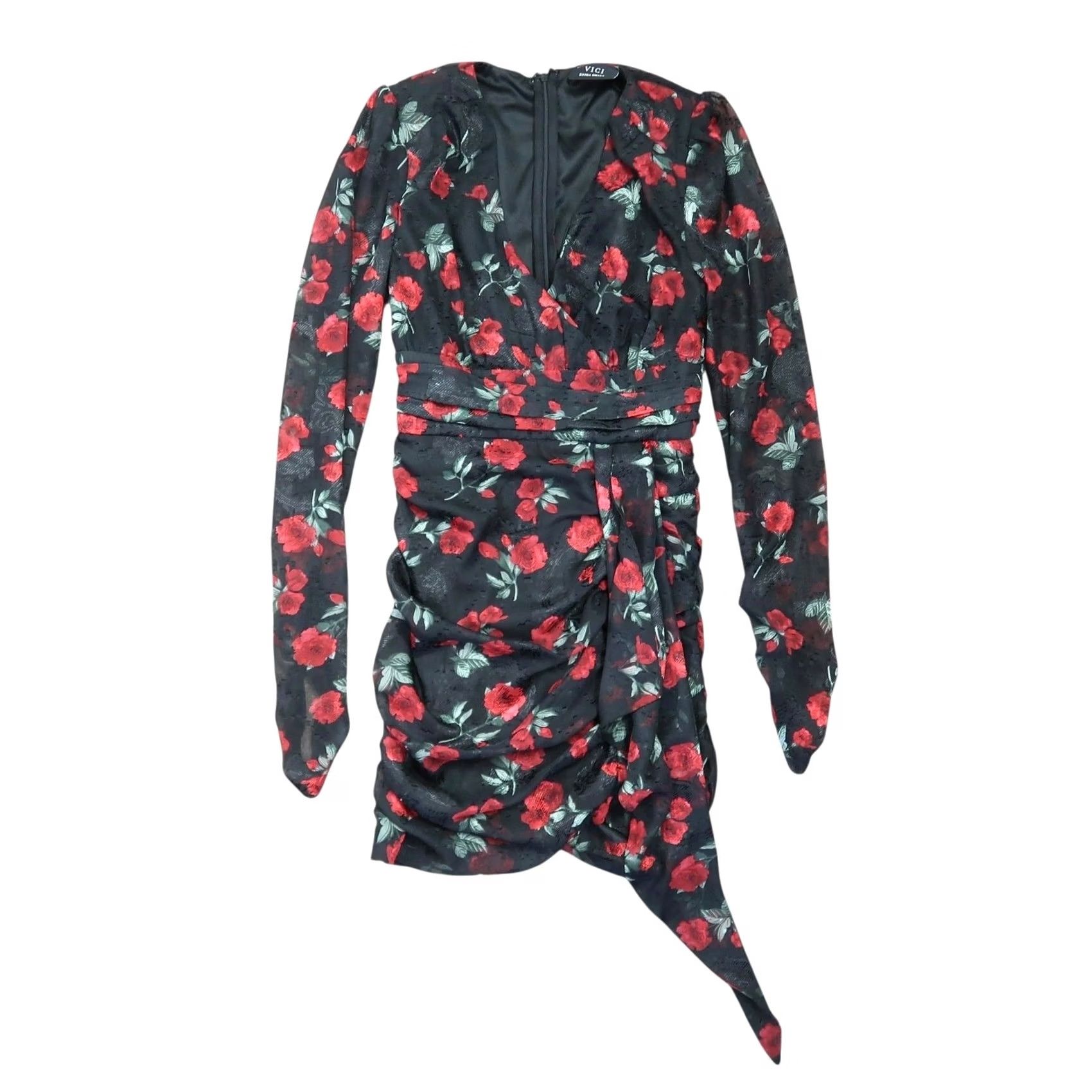 Vintage VICI Sante Fe Floral Chiffon Mini Dress XS Long Sleeve Black Red Rose Pattern Party/Cocktail Womens Size XS / US 0-2 / IT 36-38 - 2 Thumbnail