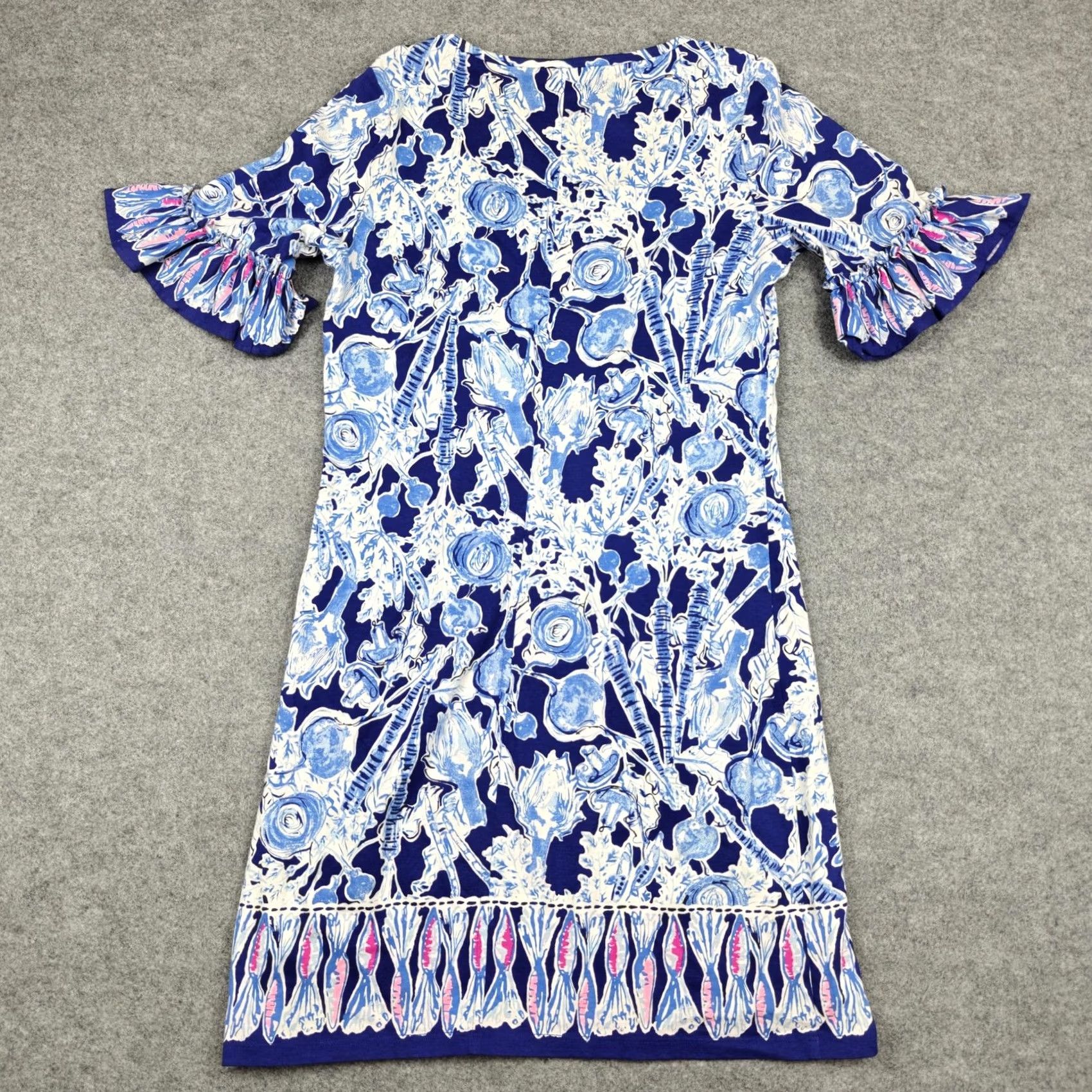 Lilly Pulitzer Lilly Pulitzer Dress Womens S Blue Floral Jersey Ruffle Bell Sleeve Shift Size S / US 4 / IT 40 - 6 Thumbnail