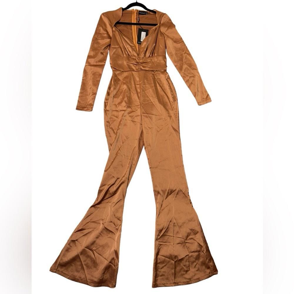 Designer PrettyLittleThing NWT Chocolate Satin Flare Leg Jumpsuit 4 Size 27" / US 4 / IT 40 - 3 Thumbnail