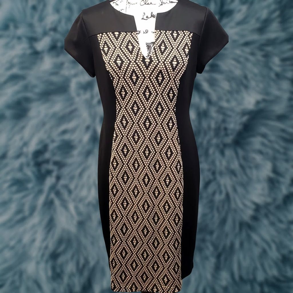 Vintage Connected Bodycon Dress Womens Size 10 Cap Sleeve Black Tan Back Zip V-Neck Wool? (Note: Original title must be used; uncertain.) Size L / US 10 / IT 46 - 1 Thumbnail