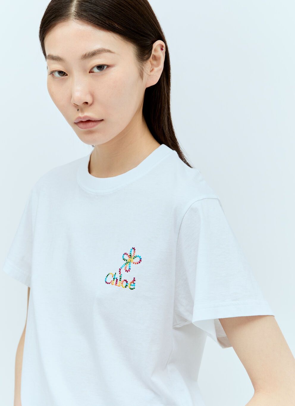 image of Chloe Logo Embroidery T-Shirt in White, Women's (Size XS)