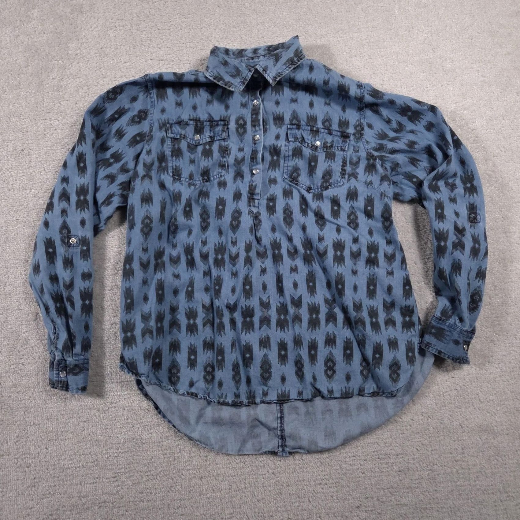 Vintage VINTAGE River & Rose Shirt Womens M Blue Aztec Ikat Popover Long Sleeve Cotton Boho Size M / US 6-8 / IT 42-44 - 2 Thumbnail