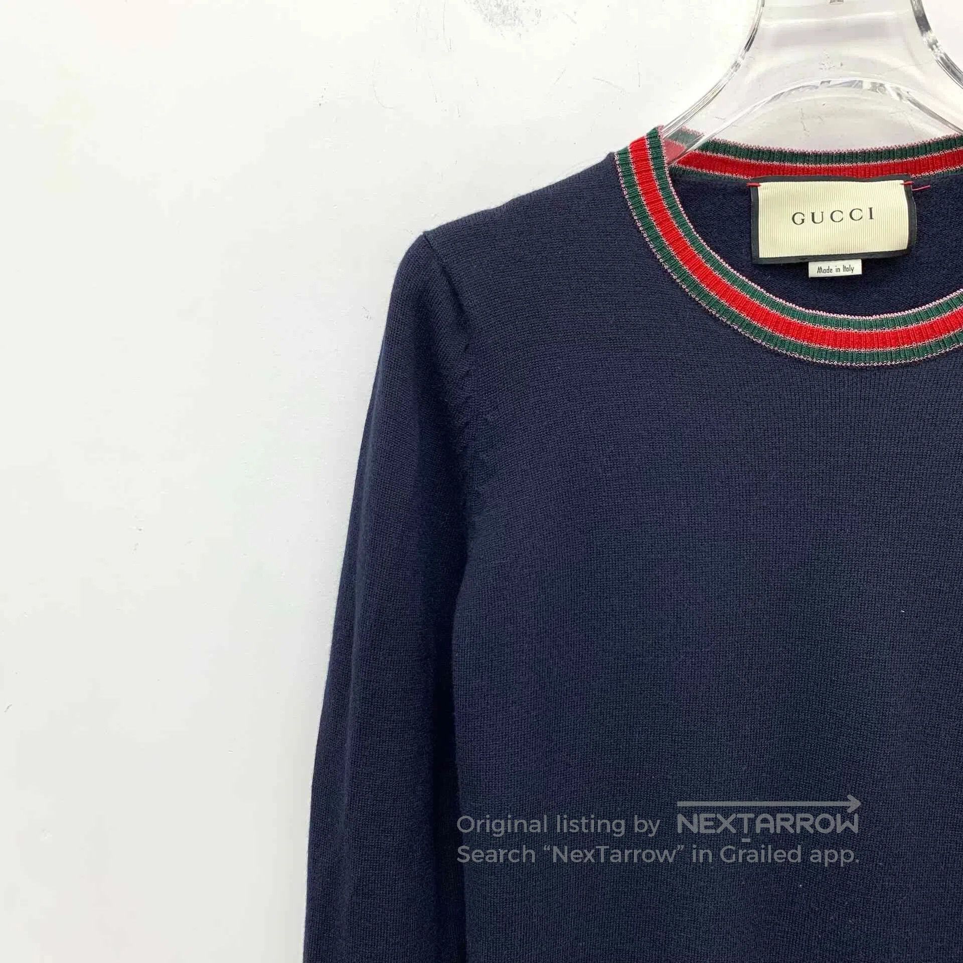 Gucci Gucci Dark Blue Striped Trim Crewneck Sweater. Size US L / EU 52-54 / 3 - 3 Thumbnail