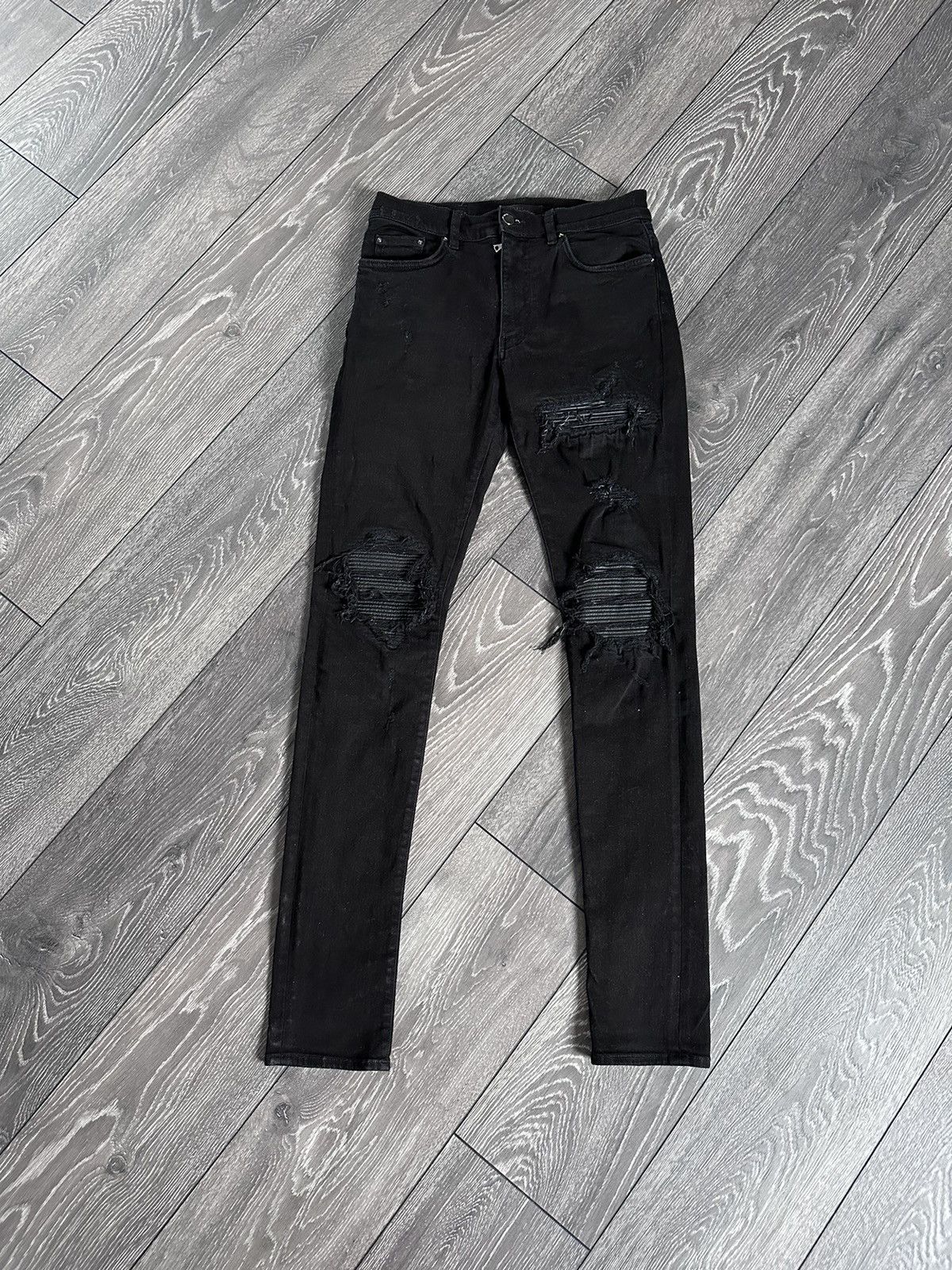 image of Amiri Mx1 Black Leather Patches Skinny Jeans Size 31, Men's