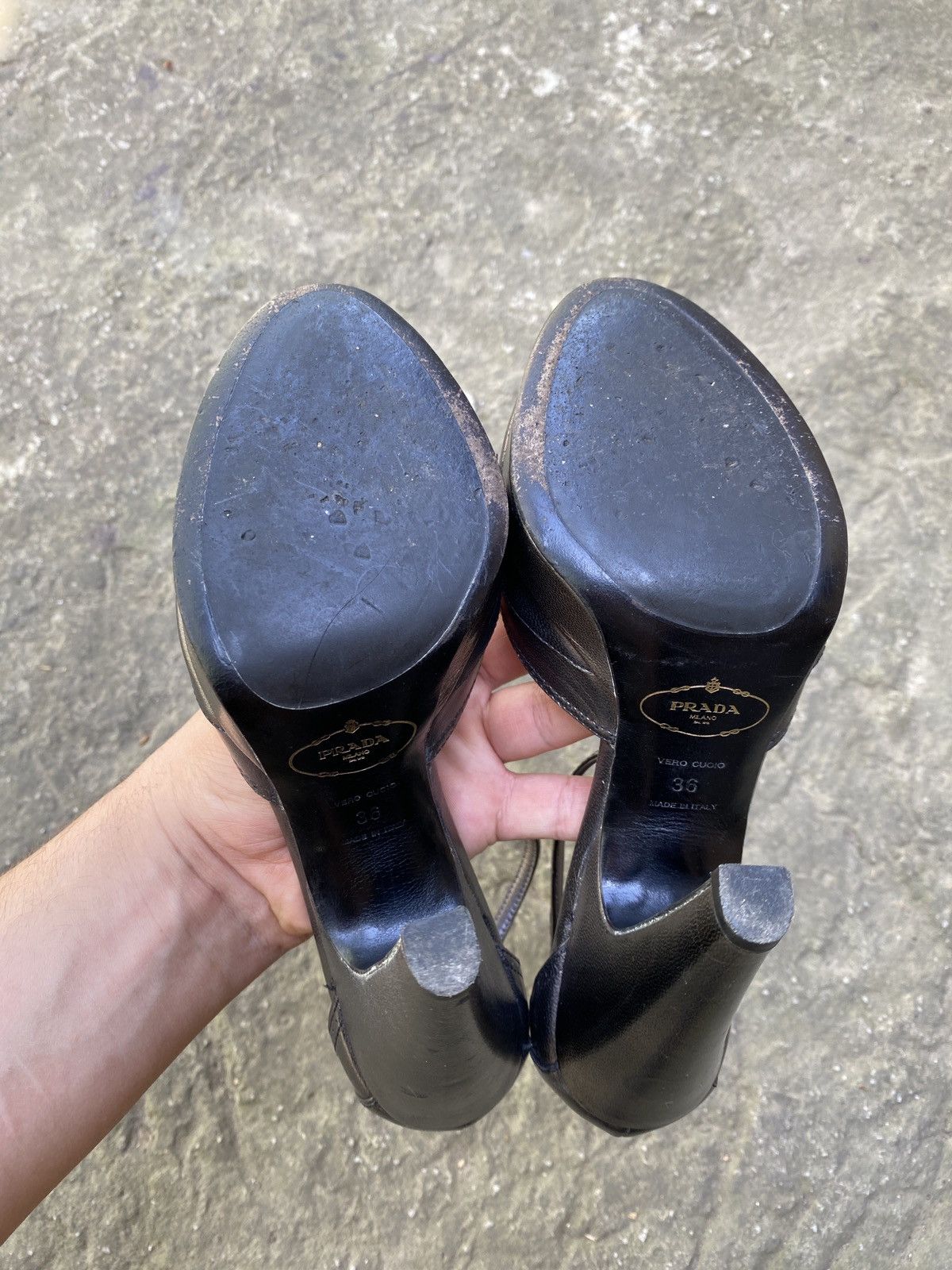 Prada Metallic Leather Peep Toe Platform Heels Ankle Strap