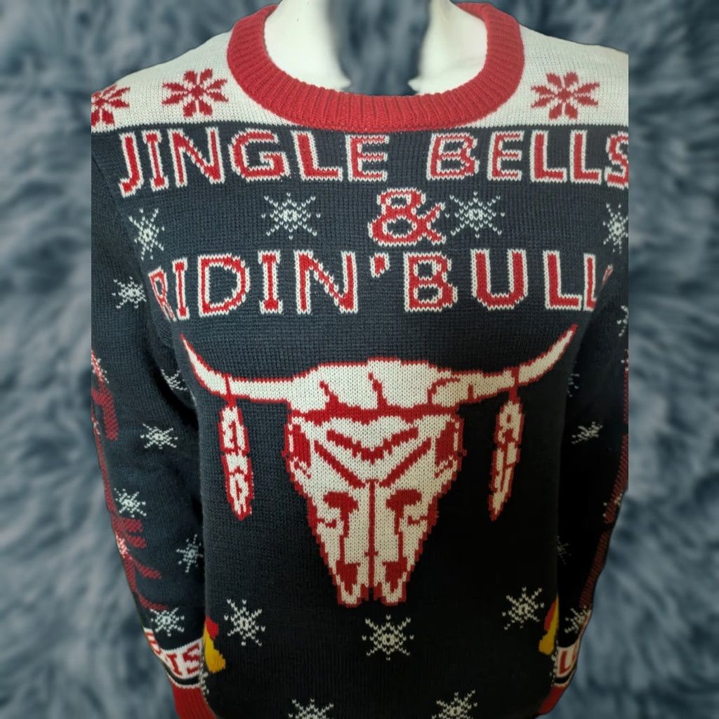 Rock & Roll Denim Sweater Men Medium Dale Brisby Holiday Jingle Bells & Ridin' Bulls Blue