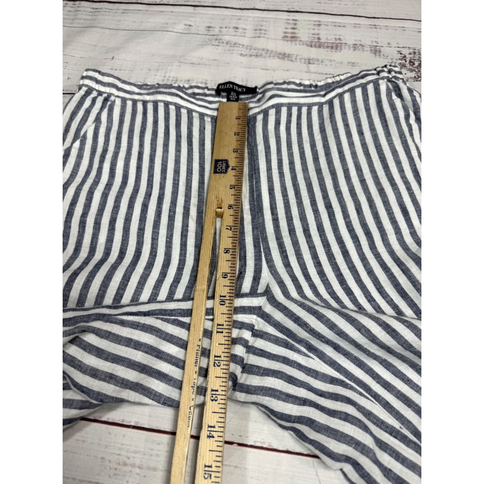 Ellen Tracy Ellen Tracy Blue White Stripe Wide-Leg Linen Crop Pants Lounge Pull On Relaxed M Women Pants Linen Stripe Wide-Leg Cropped Navy White Bluish Size 32" / US 10 / IT 46 - 4 Thumbnail