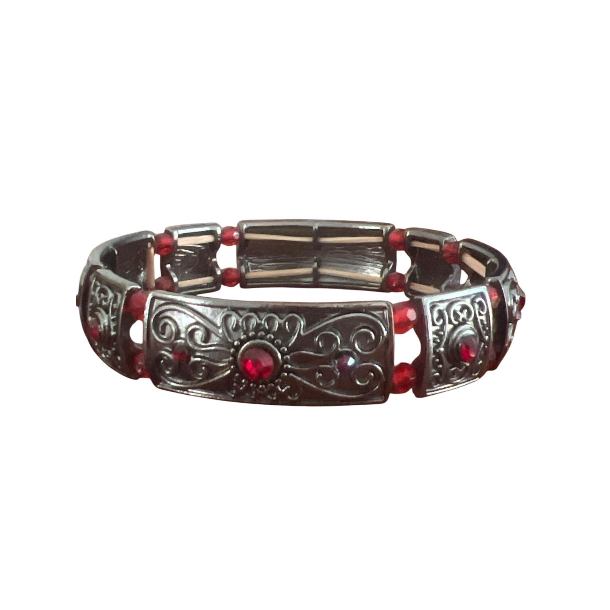 Other Vintage Gunmetal Panel Stretch Bracelet Red Cabochon Beads . Size ONE SIZE - 1 Thumbnail