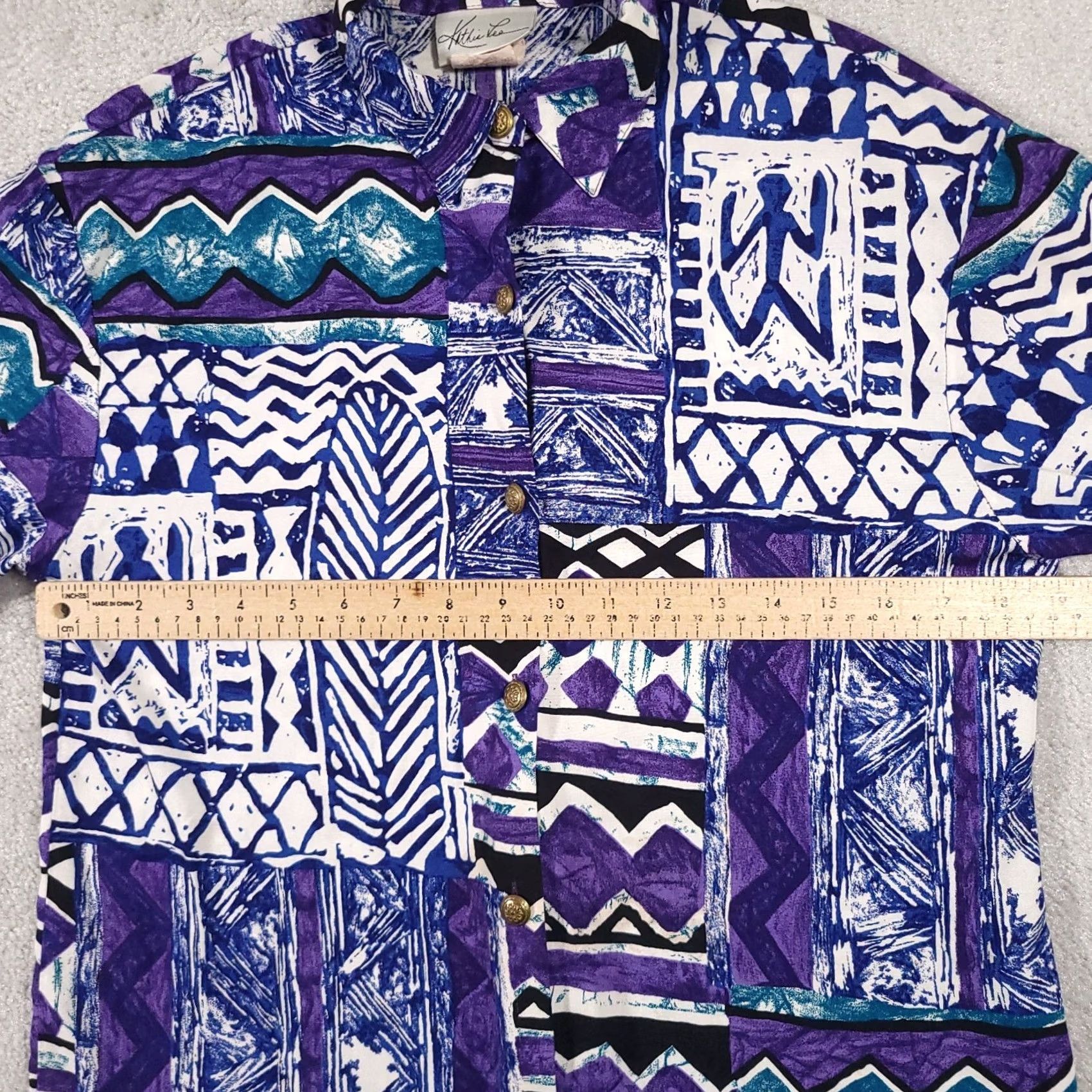 Lee VINTAGE Kathie Lee Button Up Shirt Women's 8 Blue Geometric Aztec Short Sleeve USA Size M / US 6-8 / IT 42-44 - 5 Thumbnail